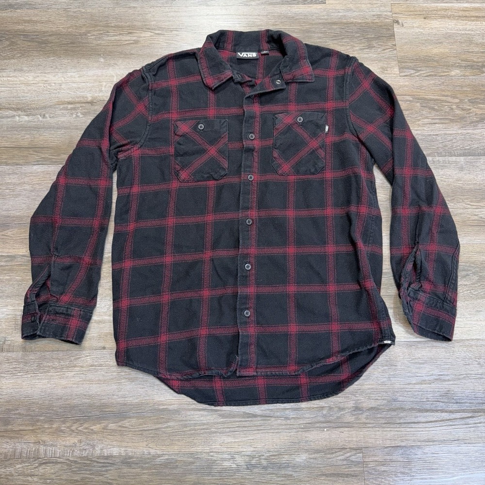 Vans Black Red Plaid Flannel Button-Down Long-Sleeve Shirt Mens S Dual Pockets